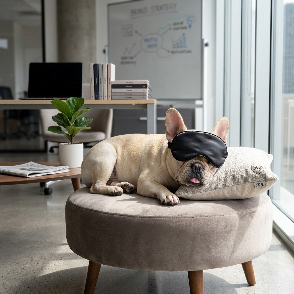 Fifi the French Bulldog asleep in the office wearing a sleep mask